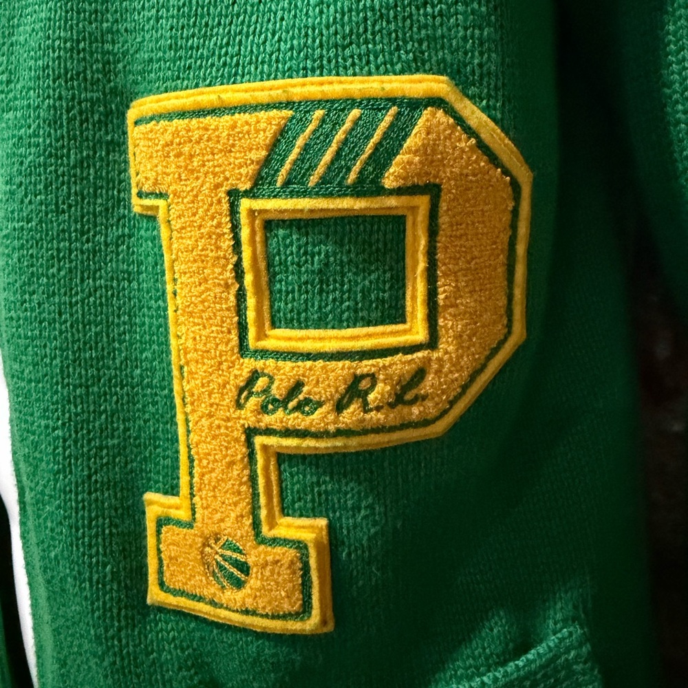 NEW POLO RL Green Cardigan with Yellow Letter P Patch - Picture 7 of 9